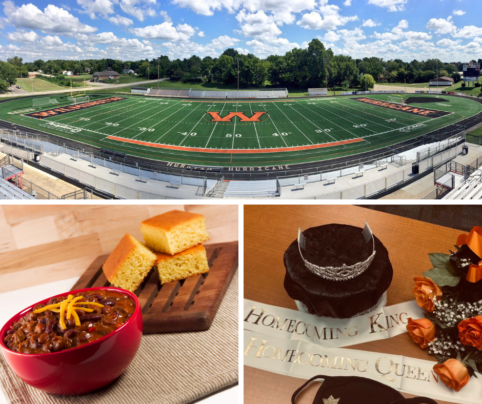 collage with football field, chili, and tiara